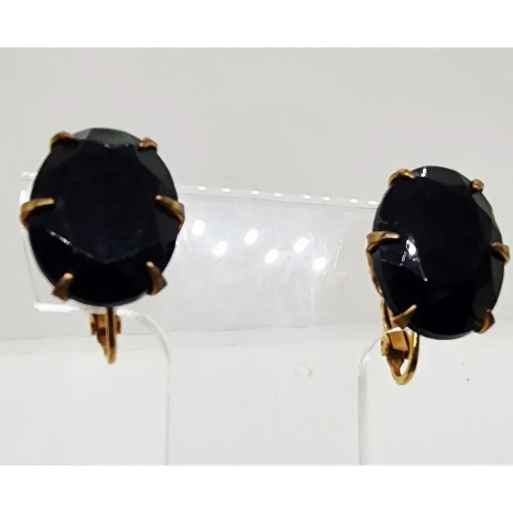 Vintage Big Black Oval Earrings Faceted Glass Stone Gold Tone Clip On 1950s